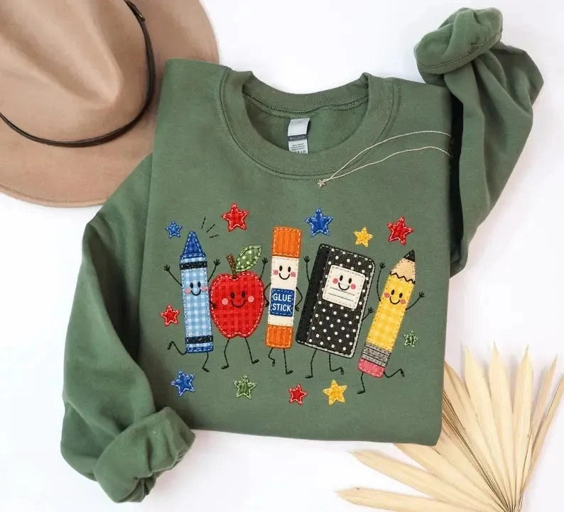 Cute Teacher Sweatshirt | Back to School Apple Crayon Pencil School Supplies Graphic Crewneck Gift for Educators