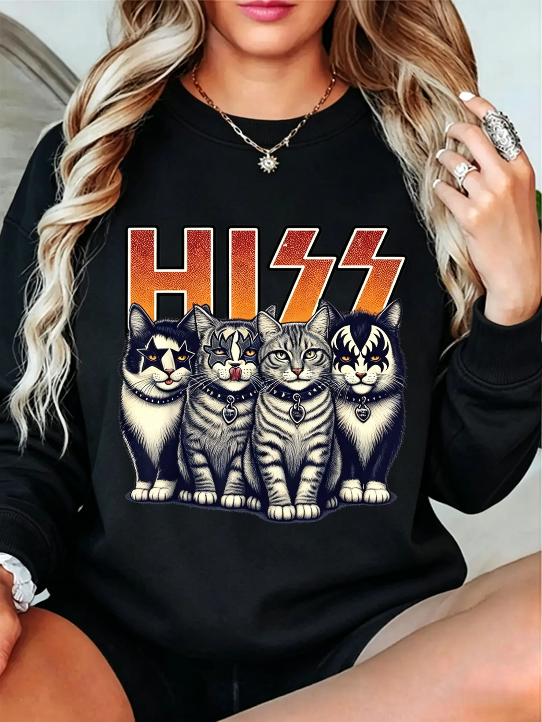 HISS KISS Parody Cat Graphic Sweatshirt & Hoodie | Funny Rock Band Cat Lover Shirt