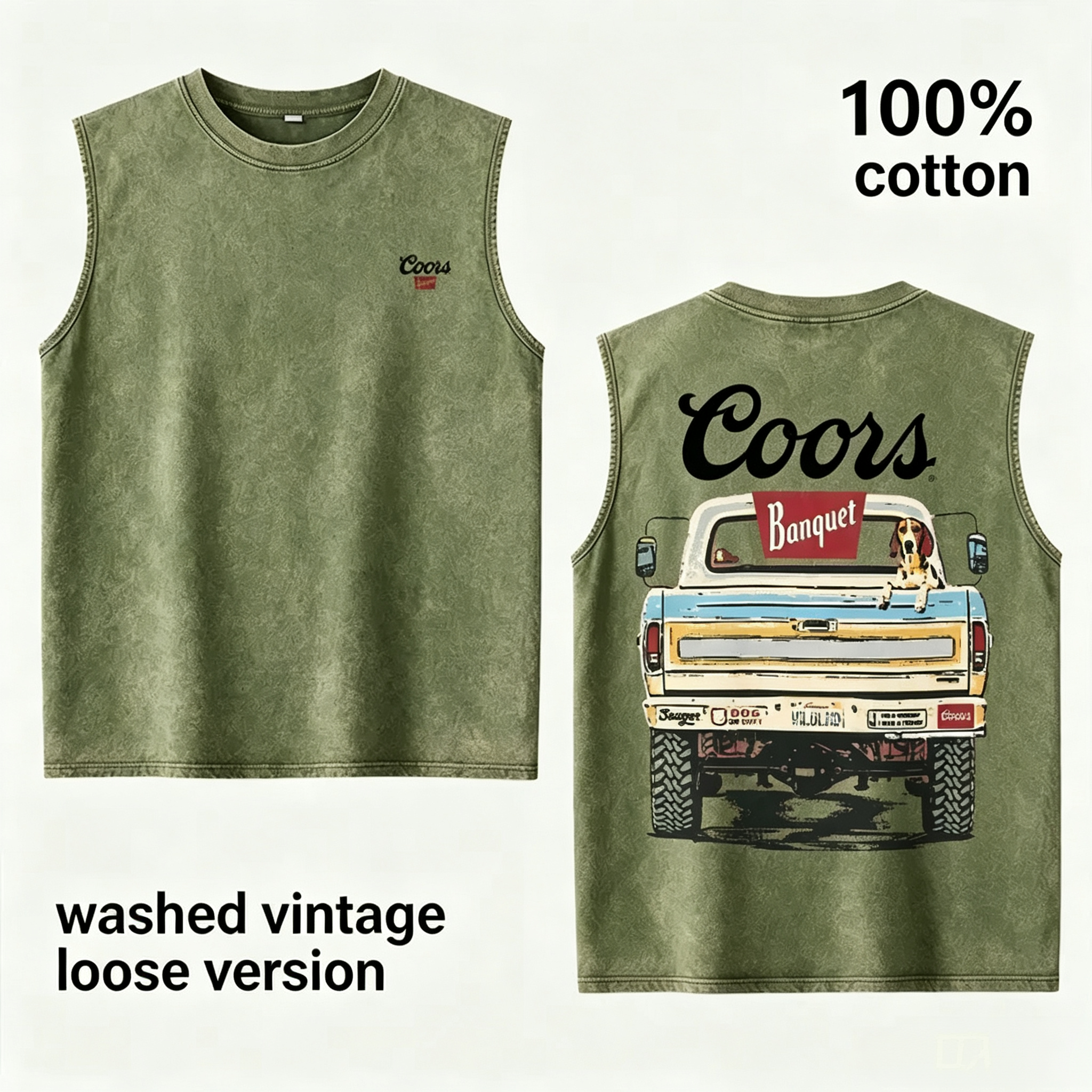Khaki Washed Vintage Coors Graphic Loose Fit Tank Top