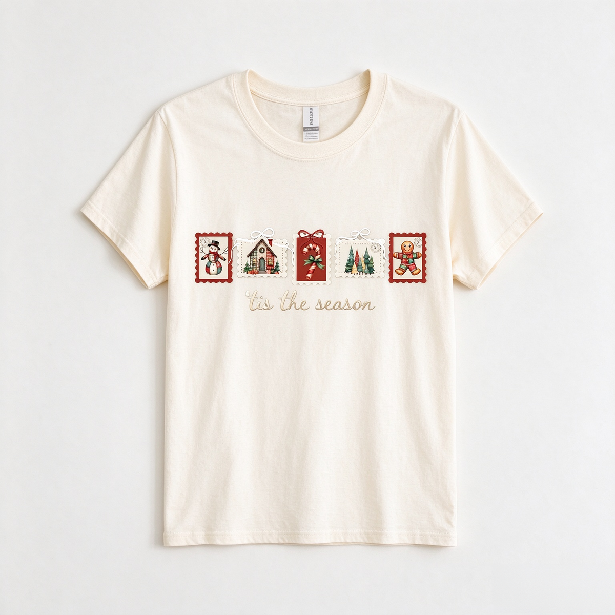 Tis The Season Vintage Christmas Stamp Shirt | Retro Snowman Gingerbread Cabin Graphic Tee, Crewneck & Hoodie