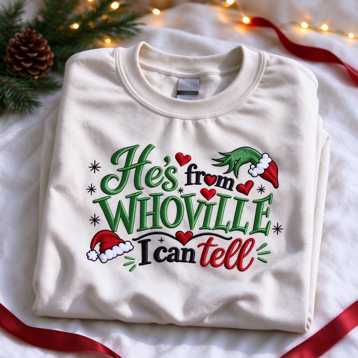 From Whoville I Can Tell 💚 Grinch Embroidered Christmas Sweatshirt Hoodie Tee