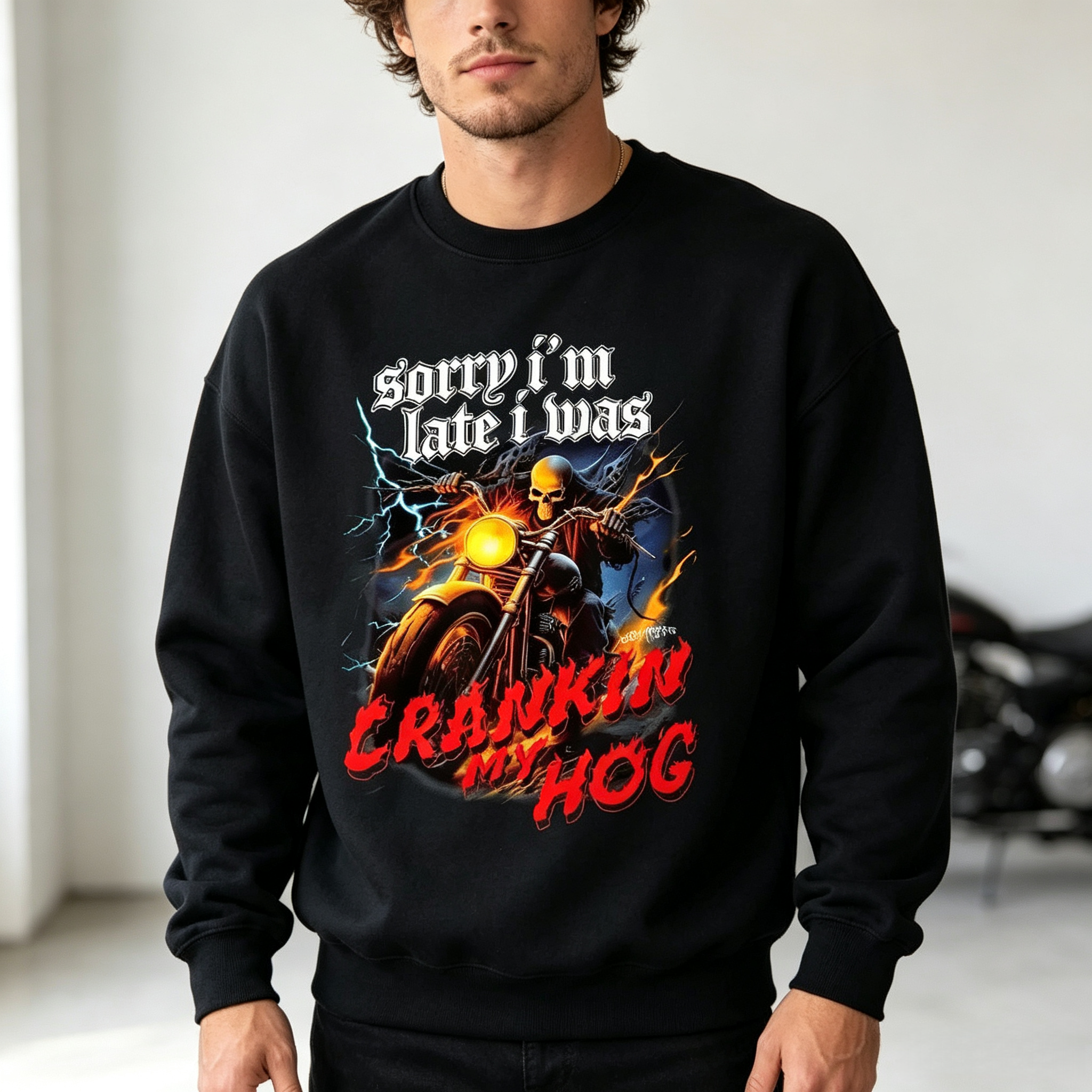 🏍️ Sorry I’m Late I Was Crankin My Hog Biker Skull Graphic Black Tee Sweatshirt Hoodie