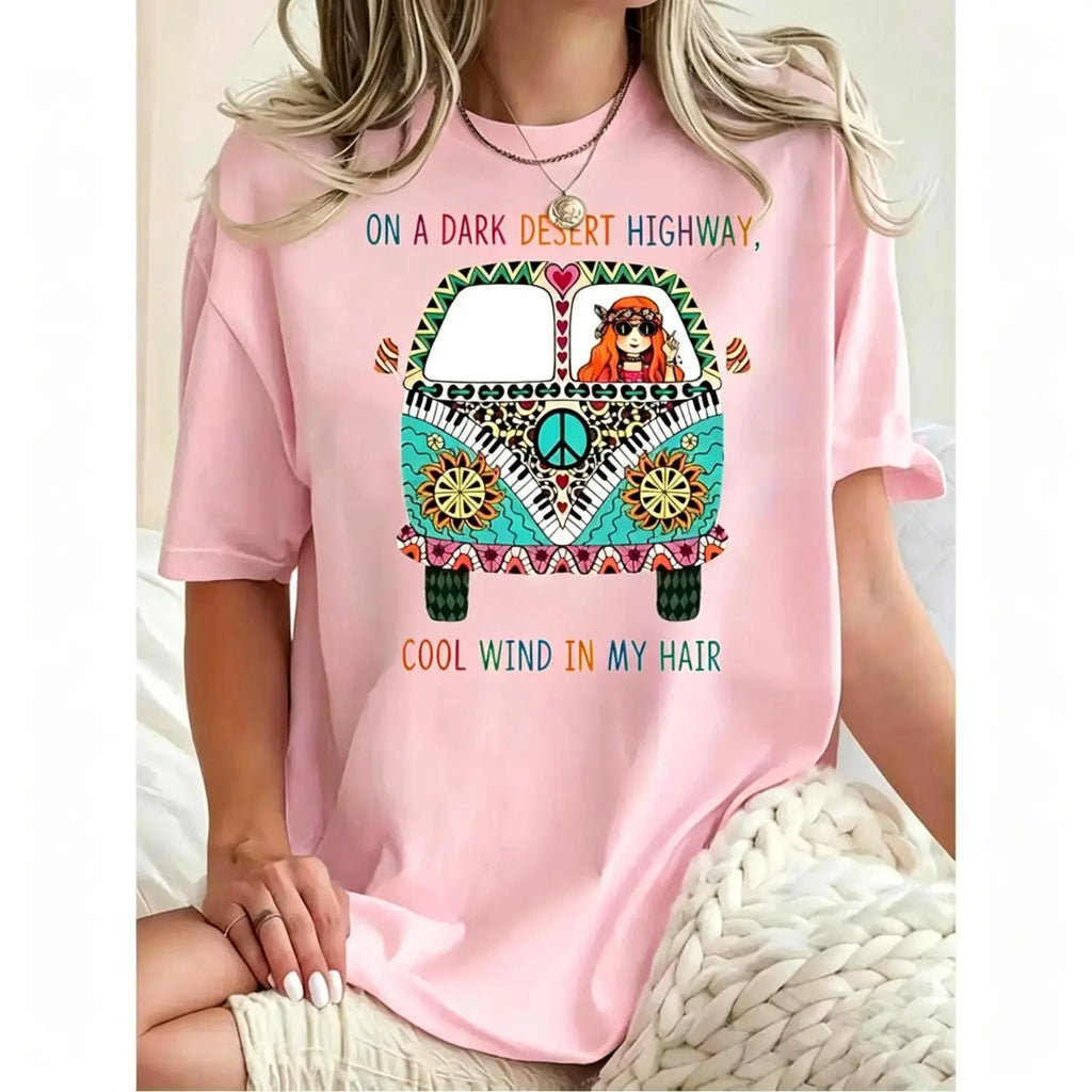 Hippie Van On A Dark Desert Highway Graphic Tee Retro Boho Music Lover Short Sleeve T‑Shirt