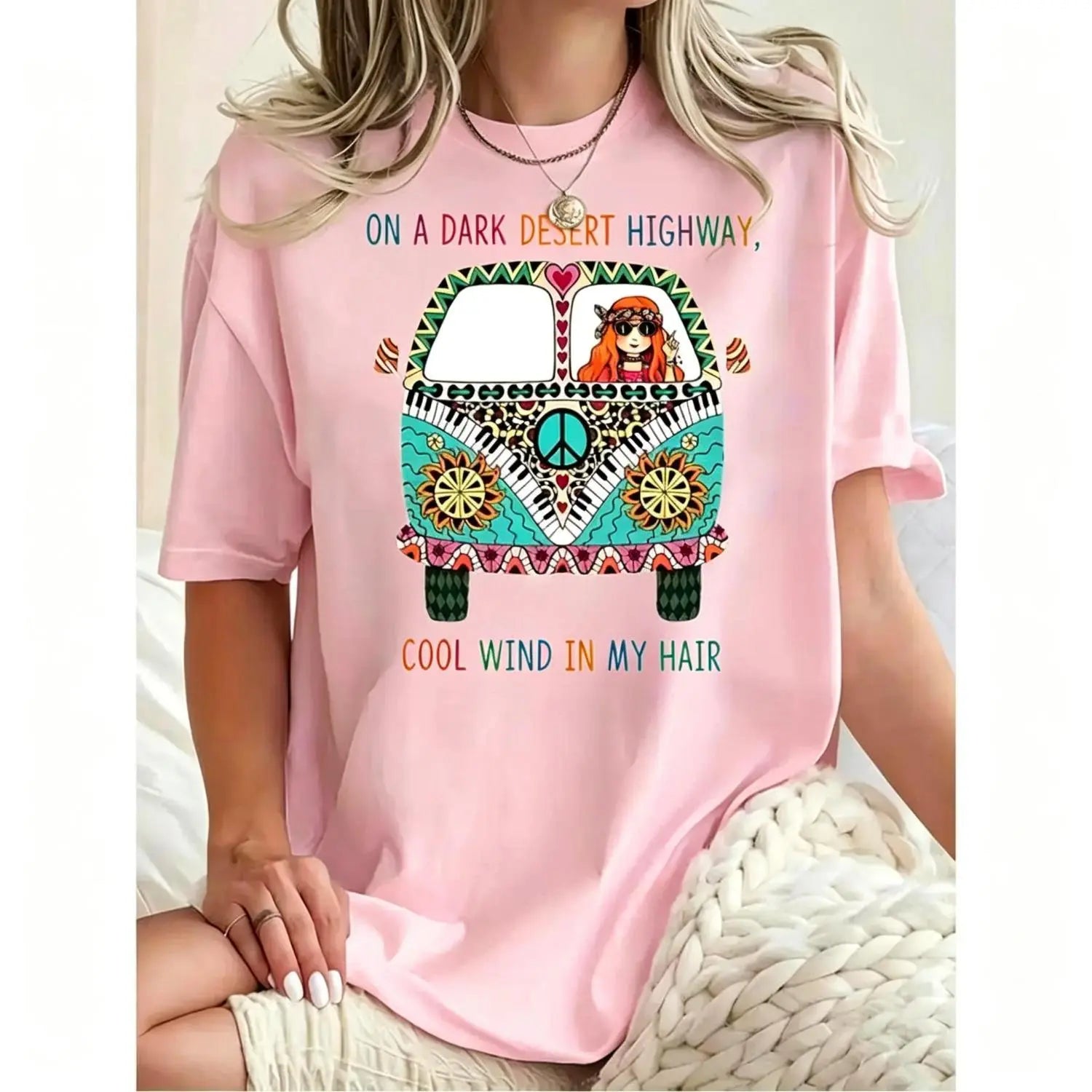 Hippie Van On A Dark Desert Highway Graphic Tee Retro Boho Music Lover Short Sleeve T‑Shirt