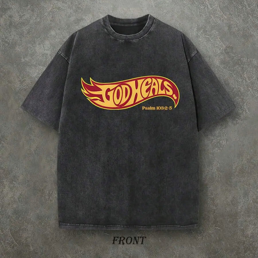 Vintage God Heals Psalm 103:2-5 Christian Graphic T-Shirt, Oversized Washed Cotton Streetwear Tee