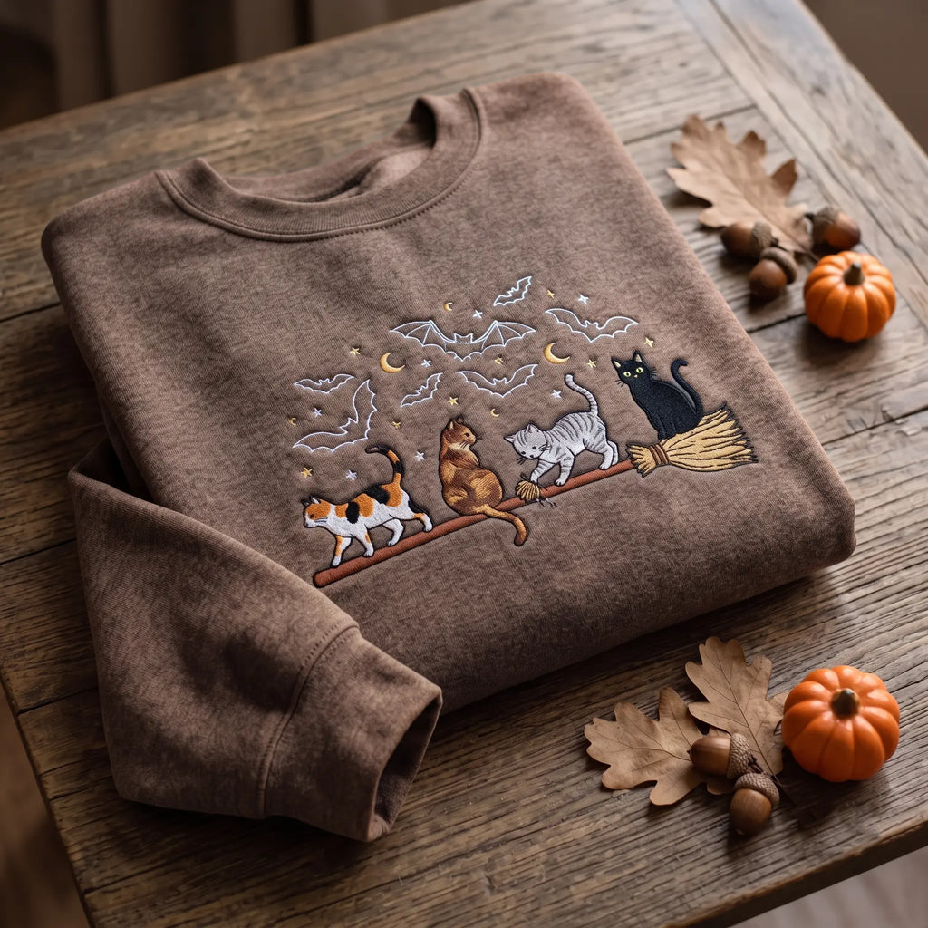 Cats On Broomstick Embroidered Sweatshirt | Cute Halloween Fall Crewneck for Cat Lovers 🐱🧹