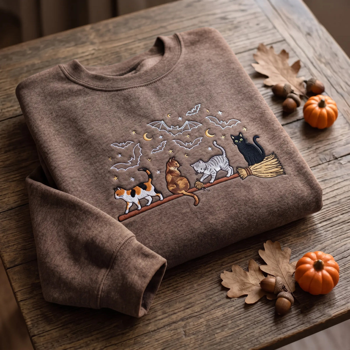 Cats On Broomstick Embroidered Sweatshirt | Cute Halloween Fall Crewneck for Cat Lovers 🐱🧹