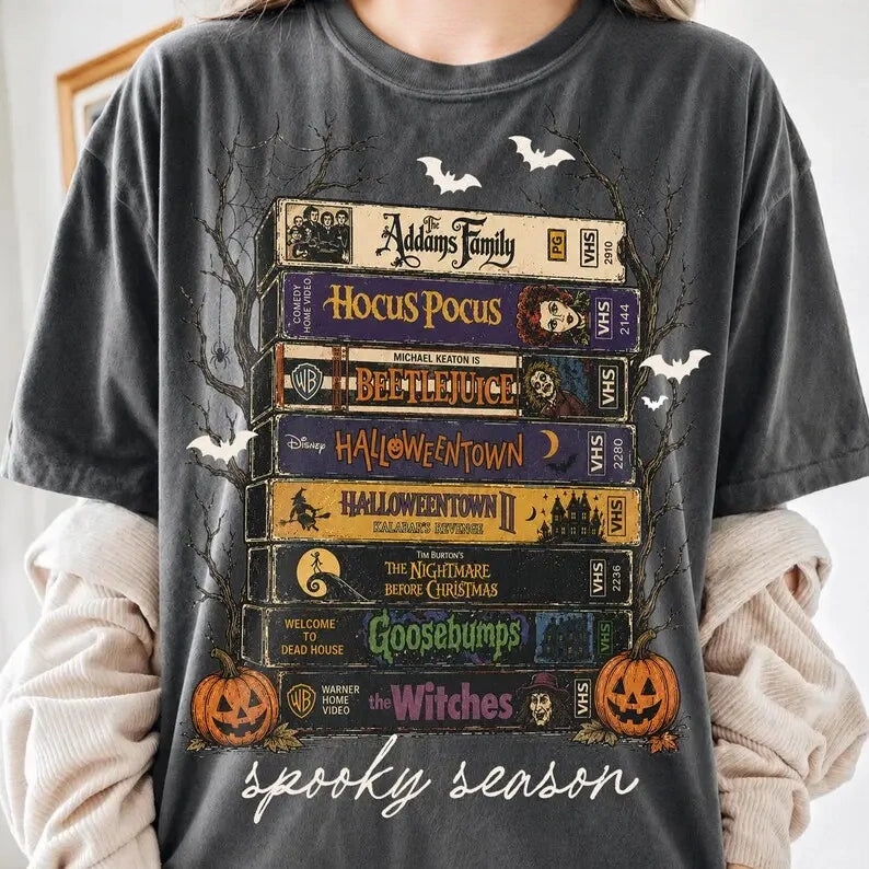 Retro Halloween VHS Movie Stack Spooky Season Washed Tee