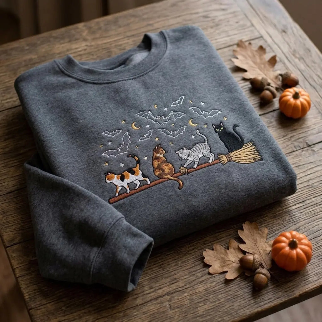 Cats On Broomstick Embroidered Sweatshirt | Cute Halloween Fall Crewneck for Cat Lovers 🐱🧹