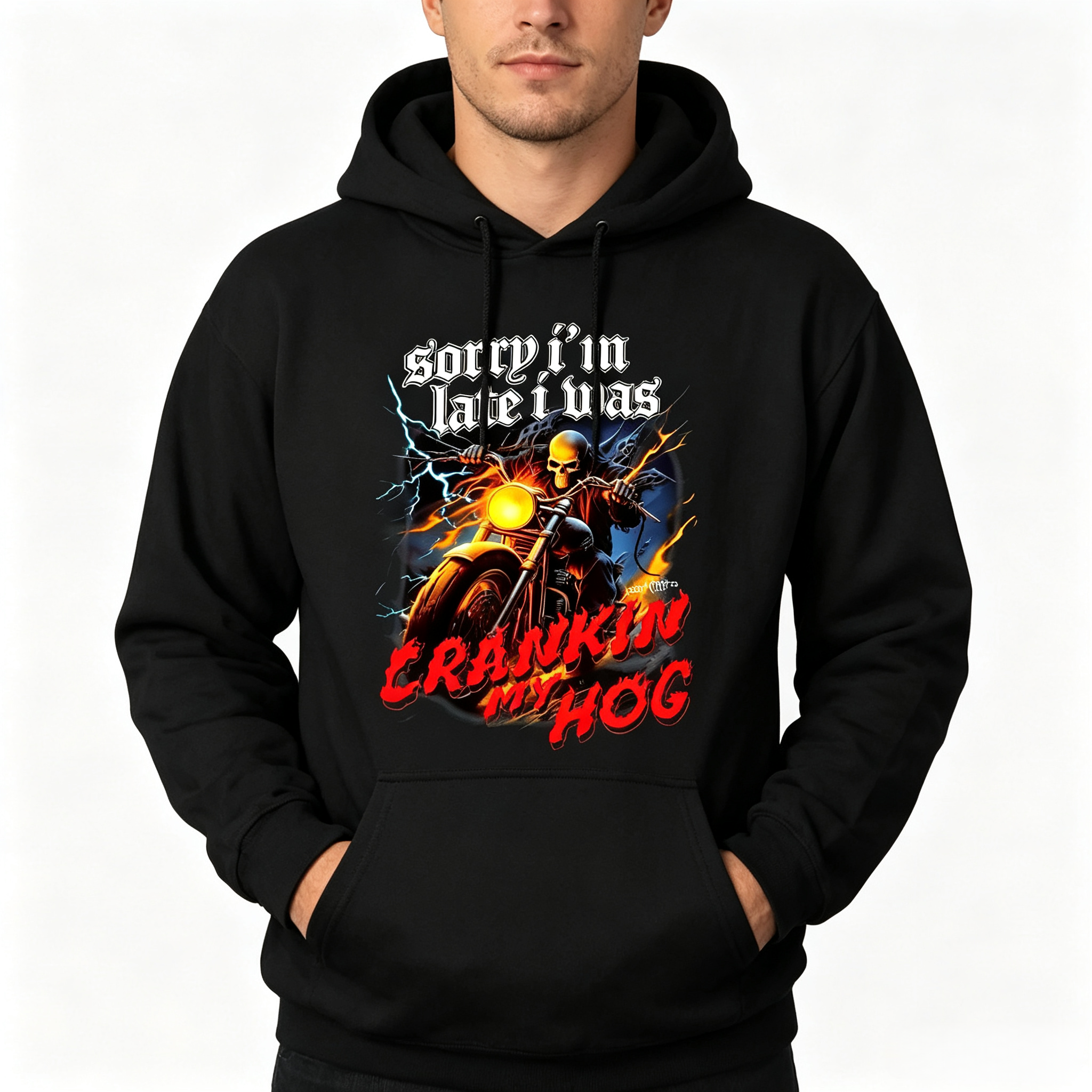 🏍️ Sorry I’m Late I Was Crankin My Hog Biker Skull Graphic Black Tee Sweatshirt Hoodie