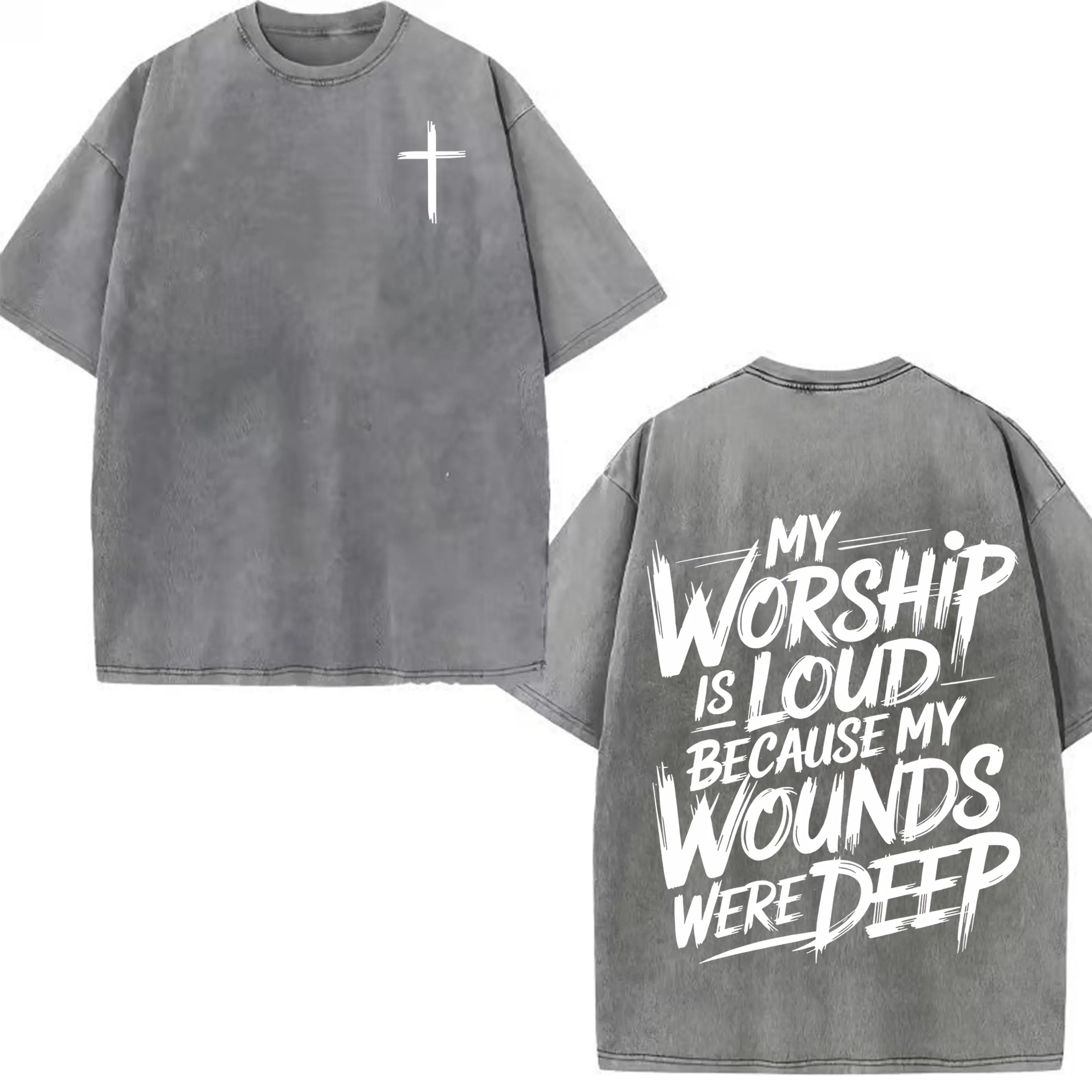 Vintage Washed Christian T-Shirt, My Worship Is Loud Because My Wounds Were Deep Faith Cross Graphic Tee, Oversized Streetwear Religious Shirt for Men