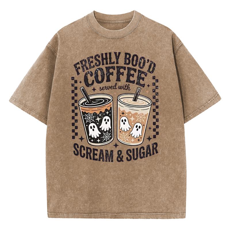 Freshly Boo'd Coffee Scream & Sugar Halloween T-Shirt, Retro Ghost Iced Coffee Vintage Washed Tee