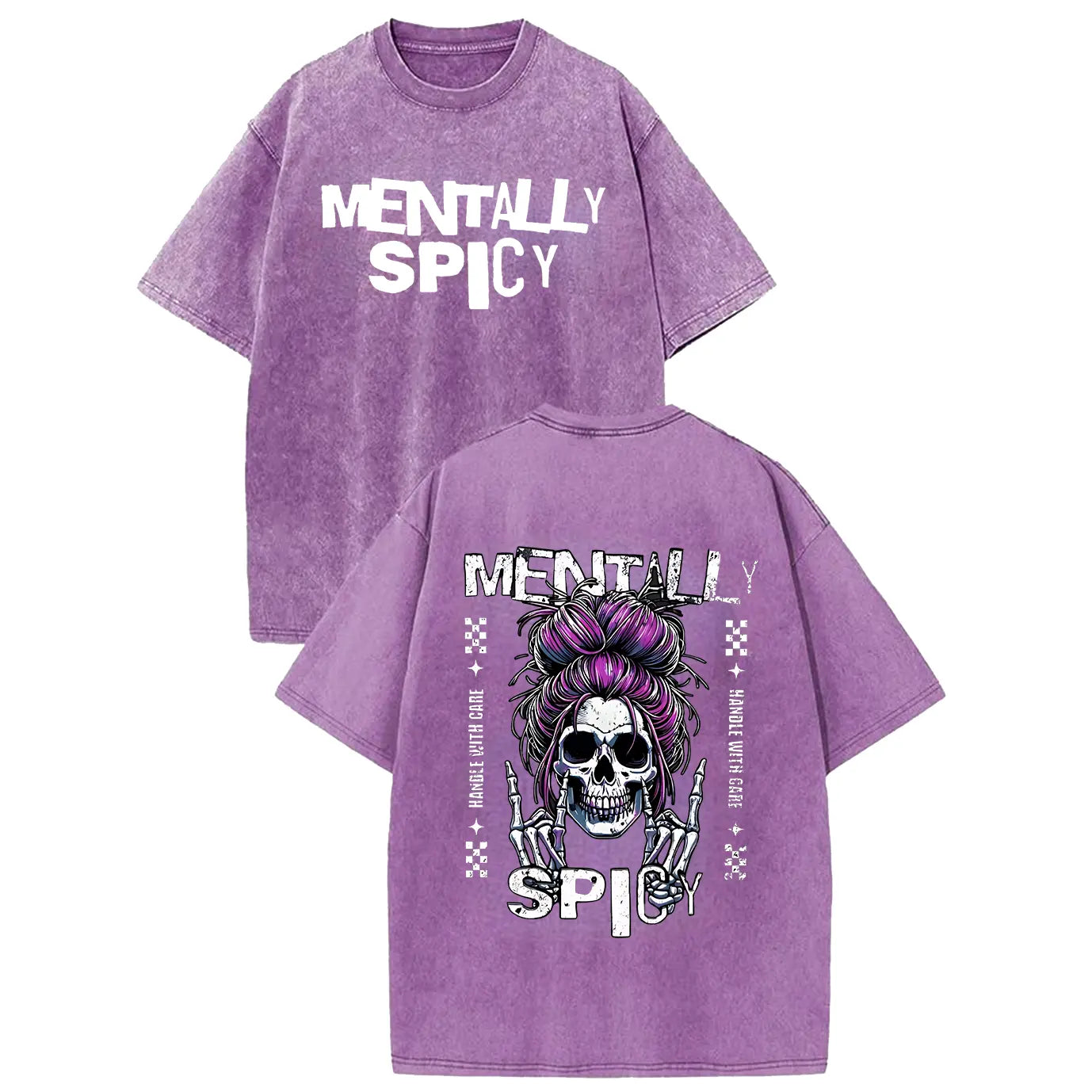 Mentally Spicy Distressed Washed T-Shirt, Grunge Skull Graphic Tee, Punk Rock Aesthetic, Casual Edgy Sarcastic Shirt
