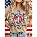 Retro Washed Patriotic Cross T-Shirt Est.1776 Cute USA Independence Day Top