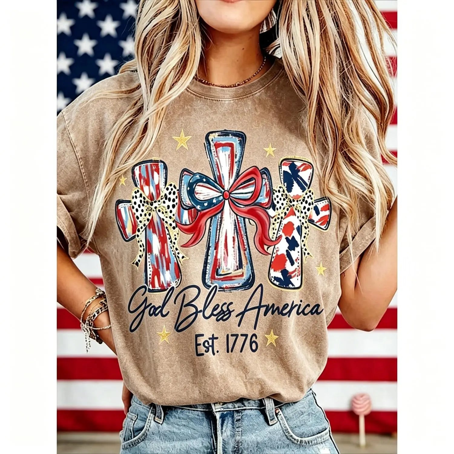 Retro Washed Patriotic Cross T-Shirt Est.1776 Cute USA Independence Day Top