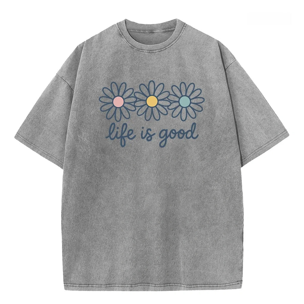 TOOAI Life is Good Washed Black T-Shirt | Retro Daisy Graphic Oversized Tee