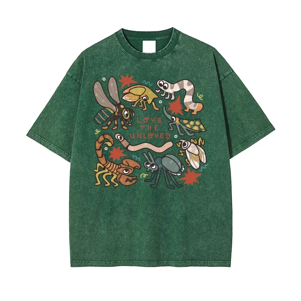 Retro Acid Wash Cute Bug Print Oversized Tee "Love The Unloved" Y2K Street Style T-Shirt for Men & Women