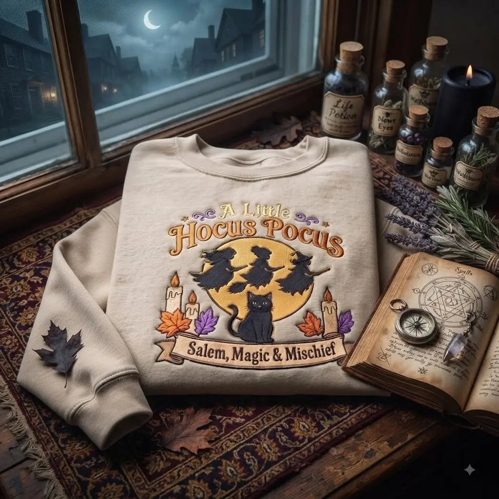 A Little Hocus Pocus Salem Magic & Mischief Embroidered Sweatshirt, Witch Black Cat Fall Halloween Crewneck