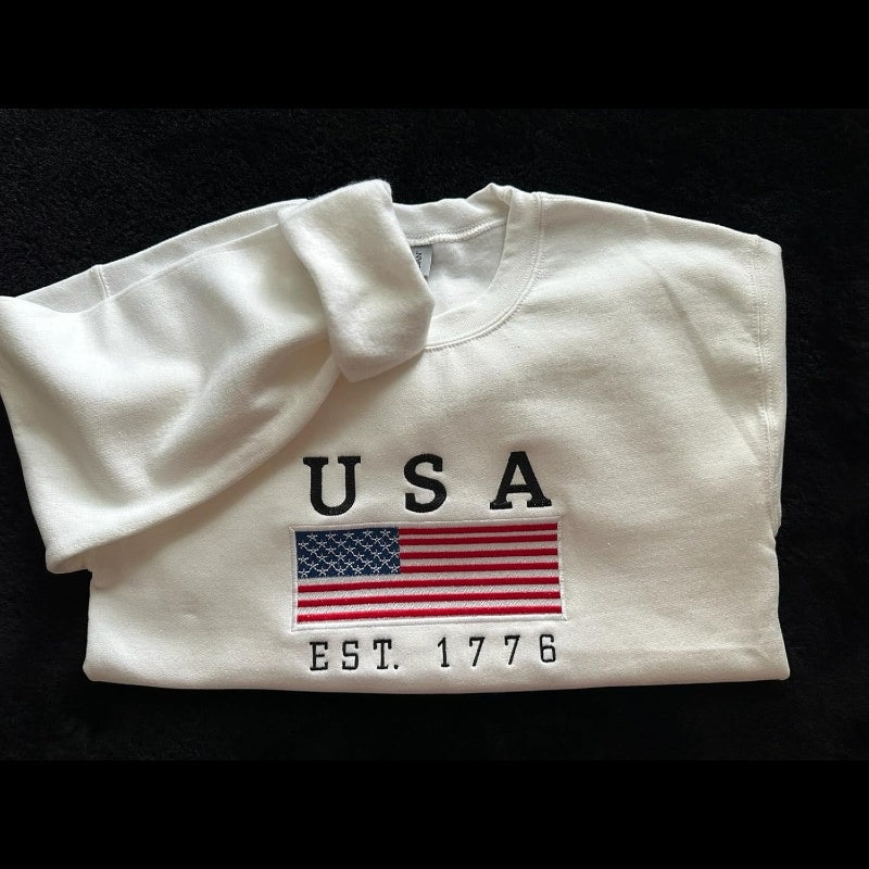 Embroidered USA T-shirt/Sweatshirt, Fourth of July Embroidery Gift, Independence Day Handmade Crewneck Sweater,