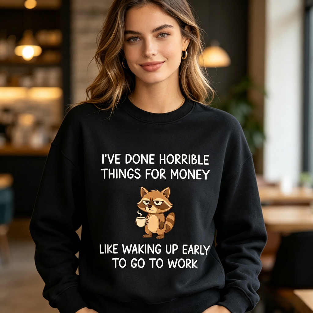 Funny Raccoon Coffee Hoodie: “I've Done Some Shady Things for Money” Sweatshirt—A Satirical Gift for Working Moms