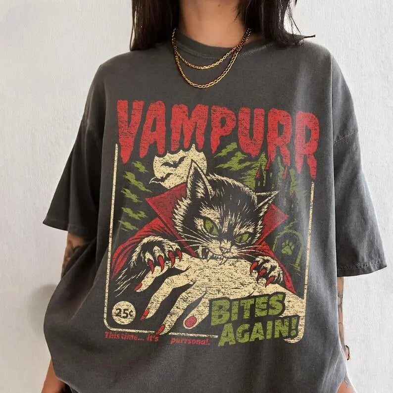 Vampurr Bites Again Retro Vampire Cat Graphic T-Shirt Sweatshirt Hoodie