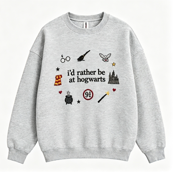 I’d Rather Be At Hogwarts Embroidered Crewneck Sweatshirt, Wizard Magic Graphic Pullover for Potter Fans