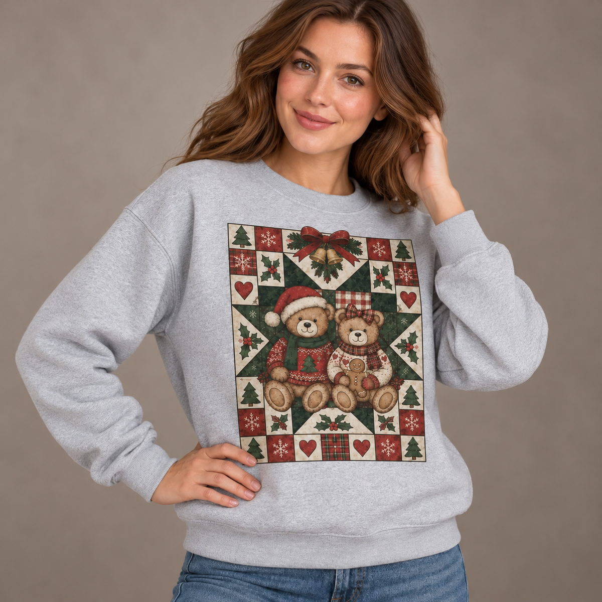 Women's Christmas Teddy Bear Print Cotton T-Shirt - Vintage Retro Casual