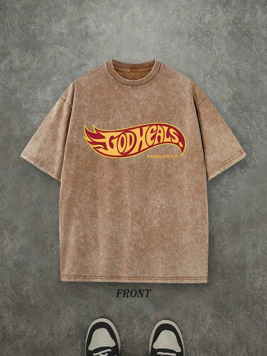Vintage God Heals Psalm 103:2-5 Christian Graphic T-Shirt, Oversized Washed Cotton Streetwear Tee