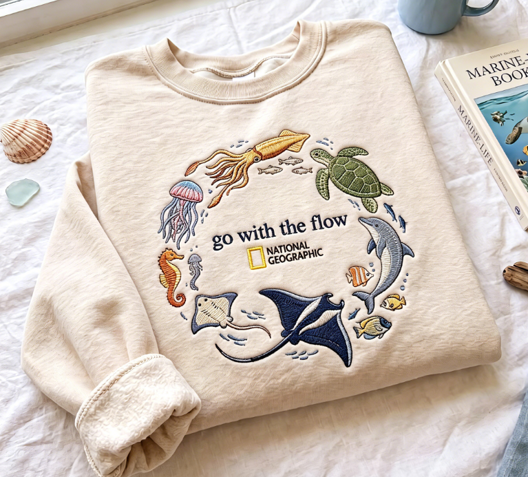 Go With The Flow Marine Life Embroidered Sweatshirt, Sea Turtle Dolphin Jellyfish Ocean Animal Crewneck