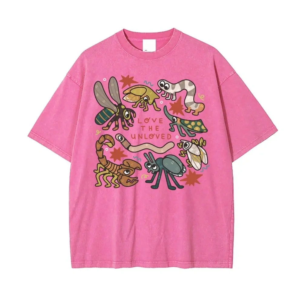 Retro Acid Wash Cute Bug Print Oversized Tee "Love The Unloved" Y2K Street Style T-Shirt for Men & Women