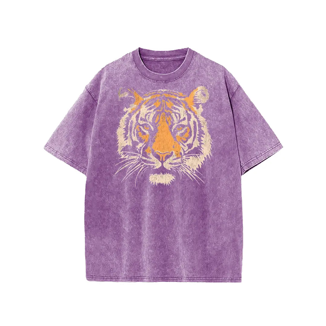 Vintage Tiger Head Graphic Washed T‑Shirt