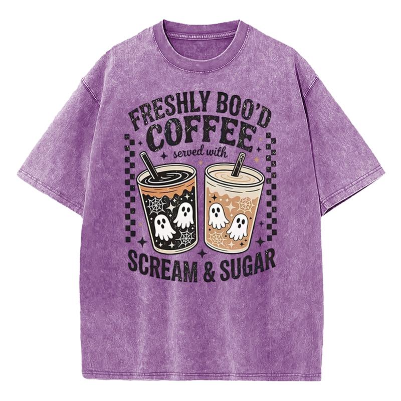 Freshly Boo'd Coffee Scream & Sugar Halloween T-Shirt, Retro Ghost Iced Coffee Vintage Washed Tee