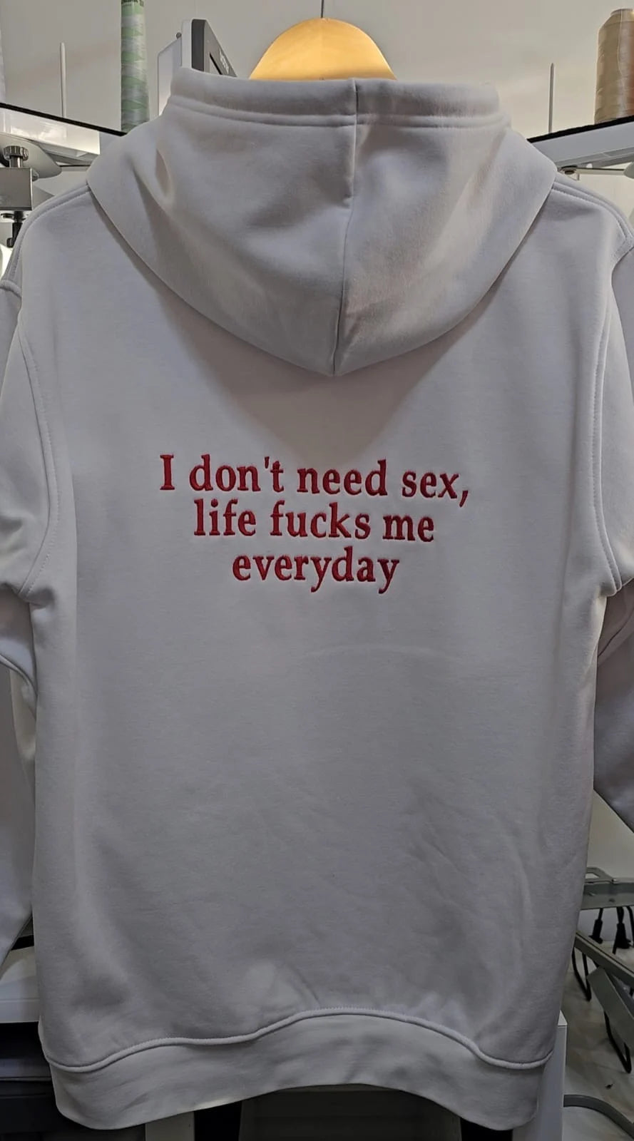 Unisex Heather Grey Embroidered Hoodie - Life Hits Different Everyday Red Stitch Back Design