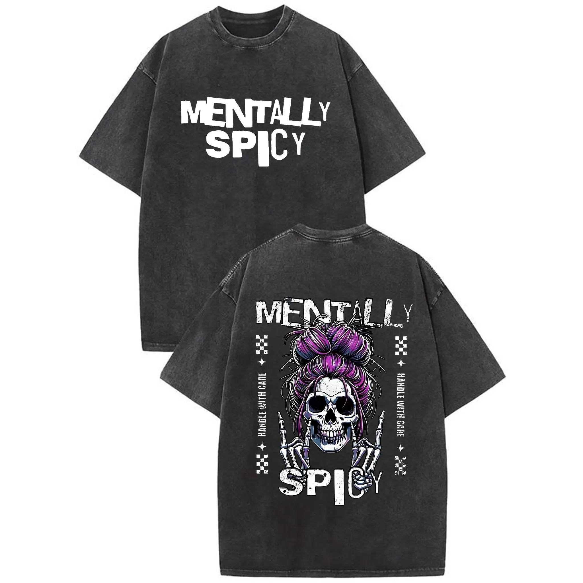 Mentally Spicy Distressed Washed T-Shirt, Grunge Skull Graphic Tee, Punk Rock Aesthetic, Casual Edgy Sarcastic Shirt