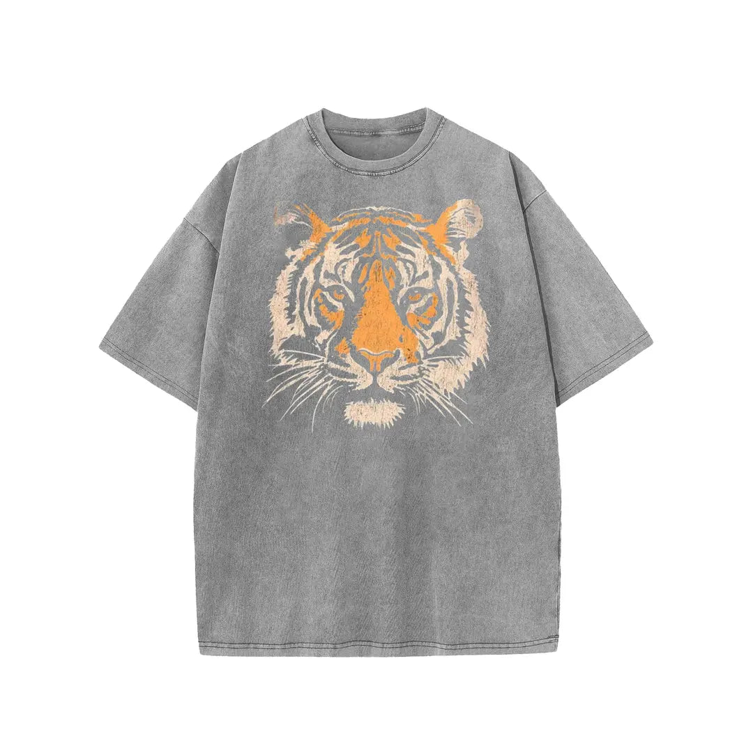 Vintage Tiger Head Graphic Washed T‑Shirt