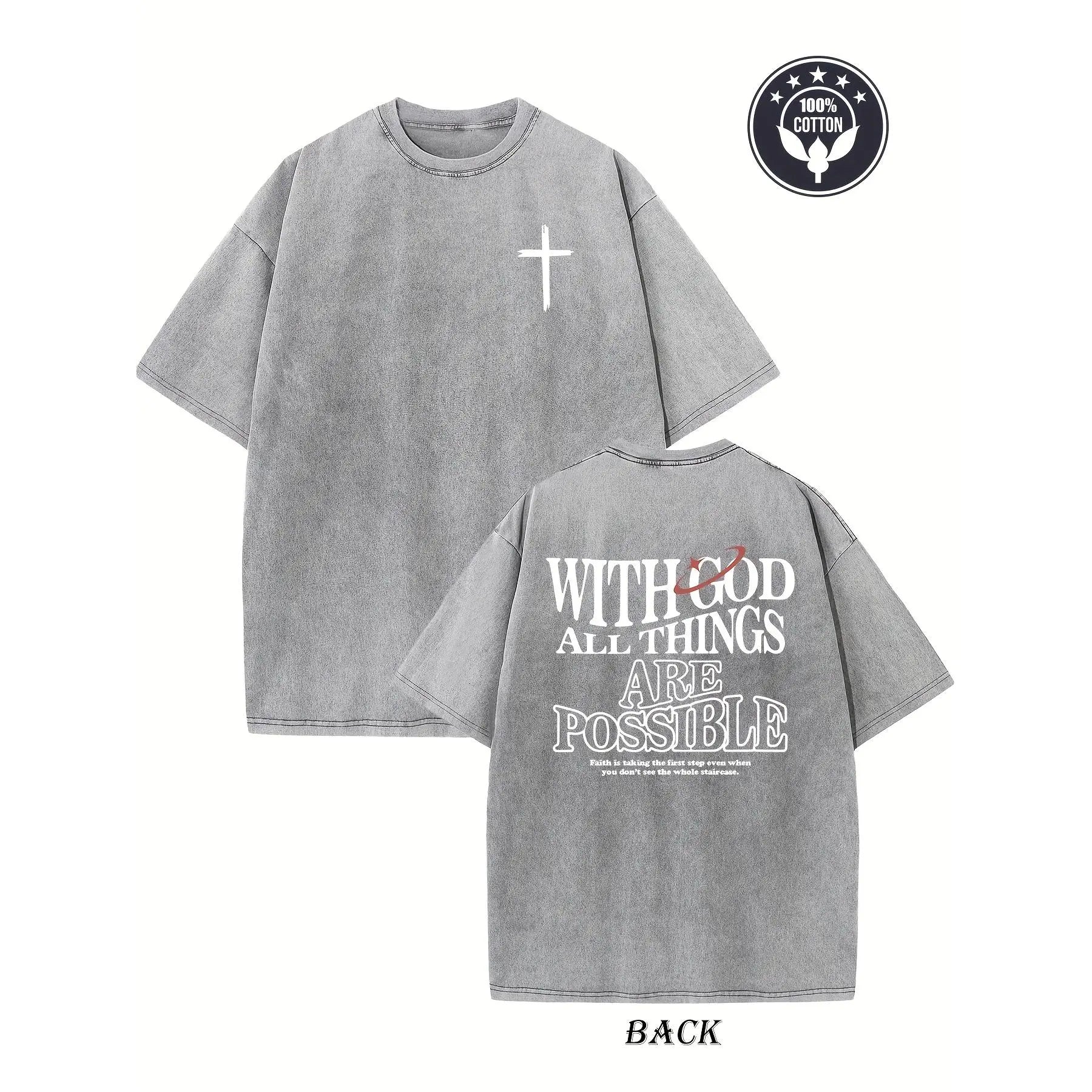 Vintage Grey Christian T-Shirt 100% Cotton With God All Things Are Possible Faith Wear