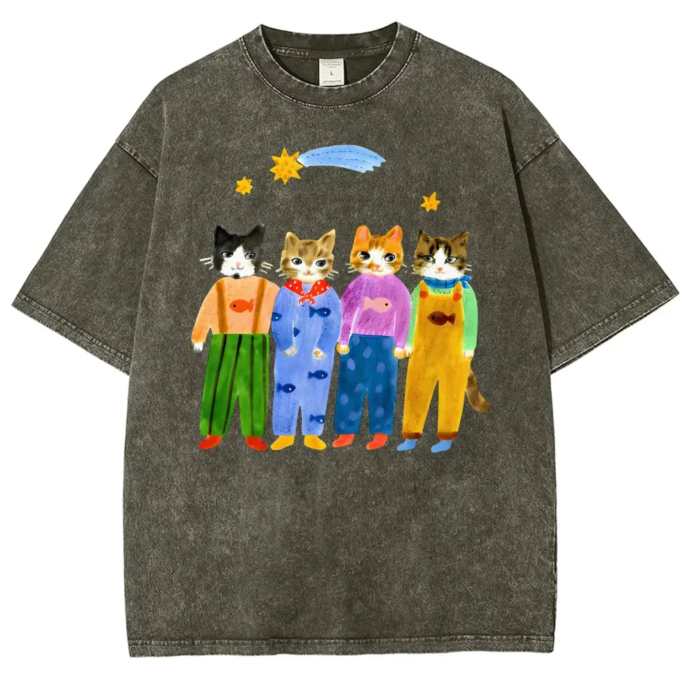 Vintage Watercolor Cats Oversized Washed T‑Shirt Sweatshirt hoodie