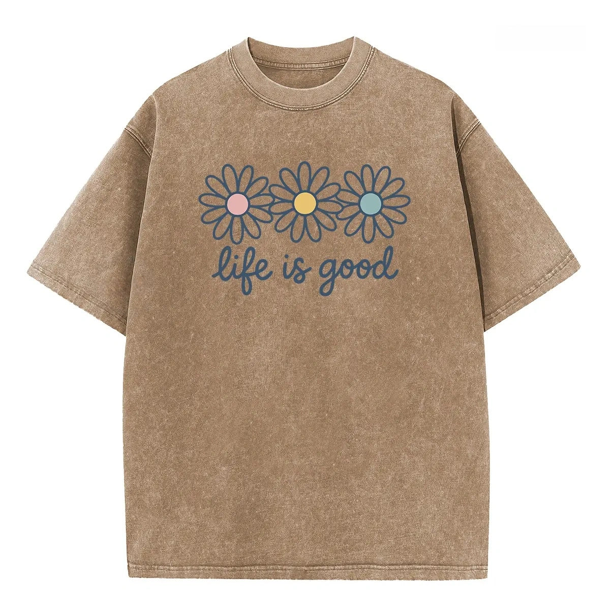 TOOAI Life is Good Washed Black T-Shirt | Retro Daisy Graphic Oversized Tee