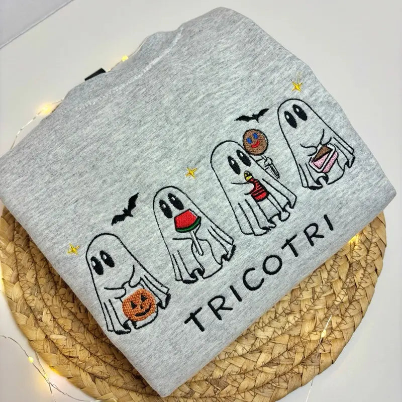 Cute Ghost Halloween Embroidered Crewneck Sweatshirt Hoodie Fall Spooky Season Pullover