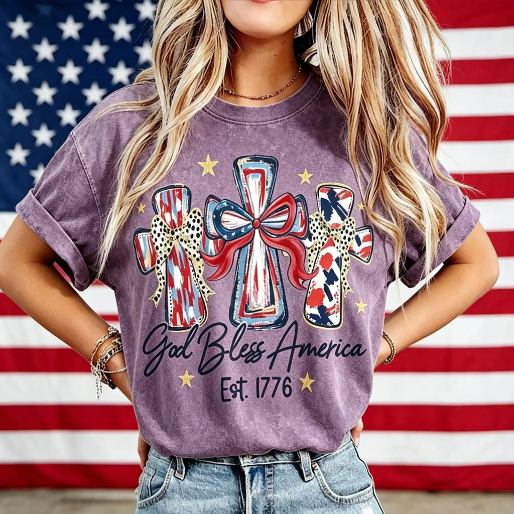 Retro Washed Patriotic Cross T-Shirt Est.1776 Cute USA Independence Day Top