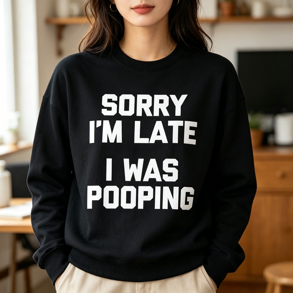 Sorry I'm Late I Was Pooping Funny Graphic Sweatshirt & Hoodie, Sarcastic Humor Crewneck & Hooded Sweatshirt, Casual Joke Gift for Men Women