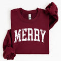 Vintage Distressed MERRY Graphic Crewneck Sweatshirt, Maroon Unisex Christmas Holiday Pullover Winter Sweater