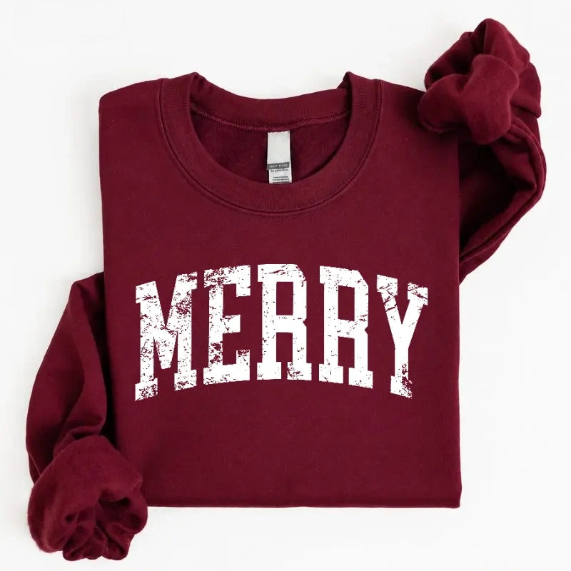 Vintage Distressed MERRY Graphic Crewneck Sweatshirt, Maroon Unisex Christmas Holiday Pullover Winter Sweater