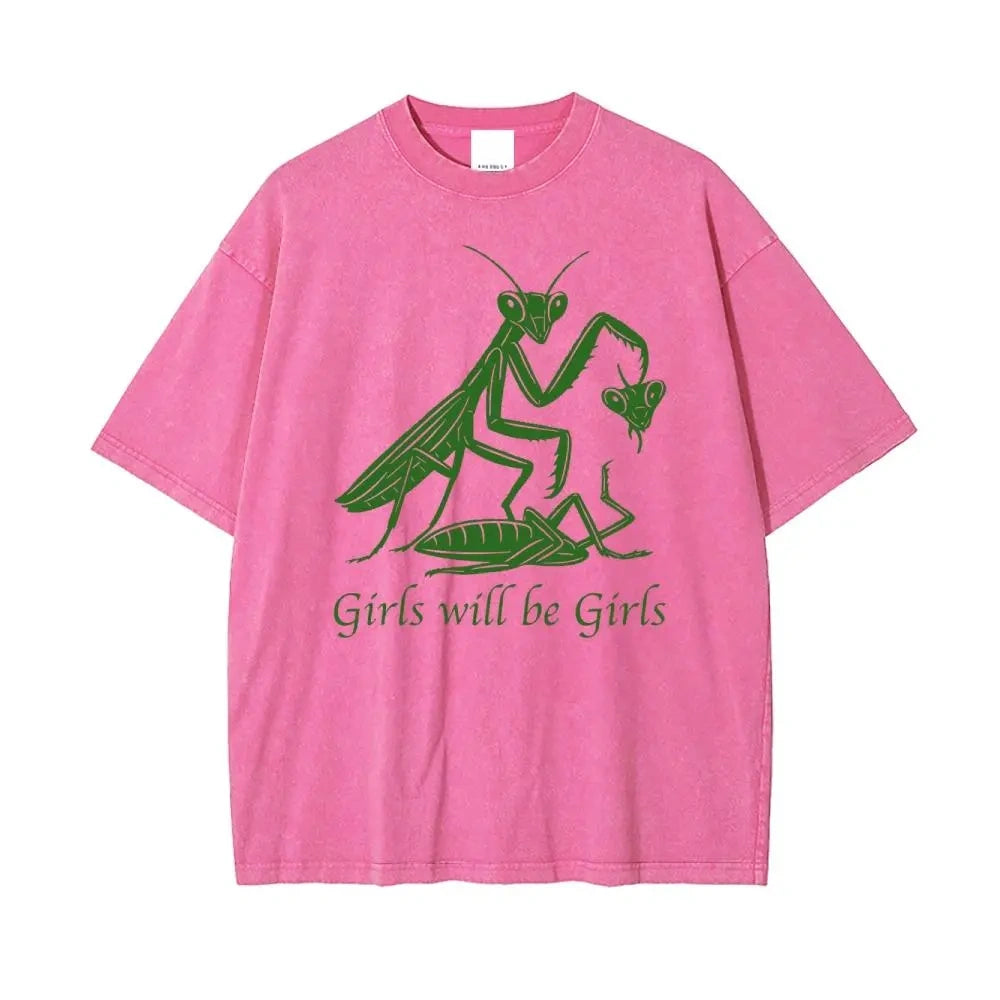 Y2K Retro Praying Mantis Print Purple Acid Wash T-Shirt - Edgy Street Style Oversized Tee