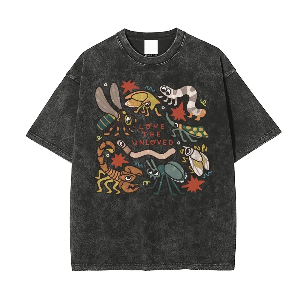 Retro Acid Wash Cute Bug Print Oversized Tee "Love The Unloved" Y2K Street Style T-Shirt for Men & Women