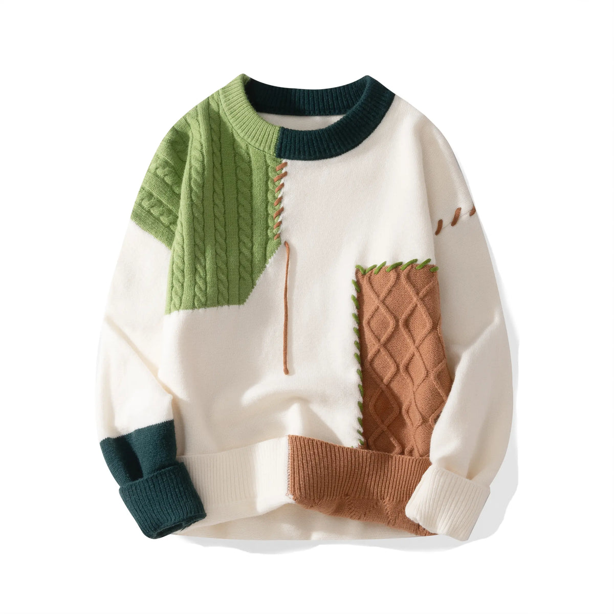 Mixed Texture Patchwork Cable Knit Sweater