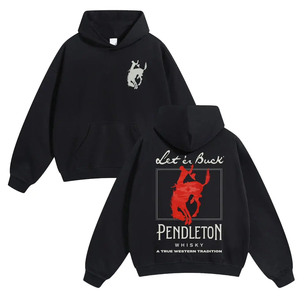 Let ‘er Buck Pendleton Whisky Western Hoodie tee, Vintage Cowboy Bucking Horse Graphic Navy Unisex Hooded Sweatshirt