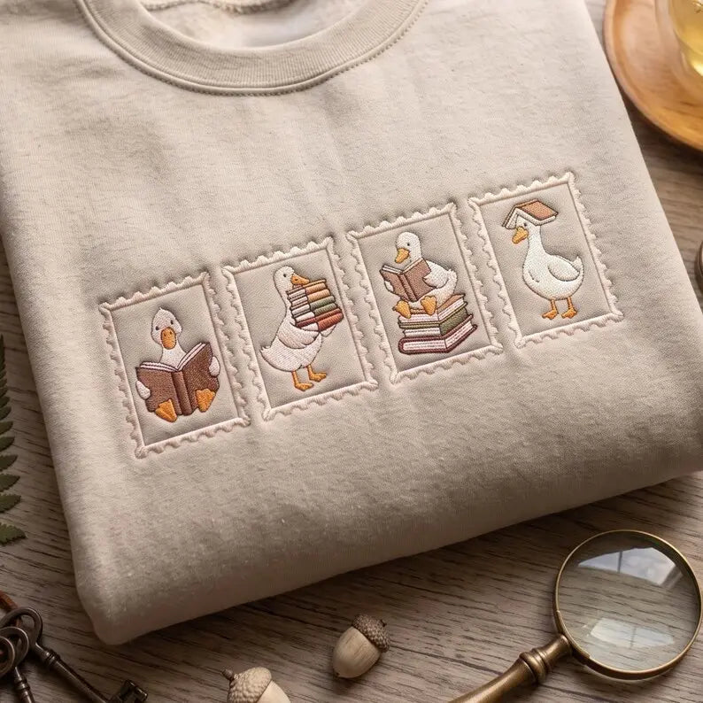 Reading Ducks Stamp Embroidered Sweatshirt Hoodie Tee
