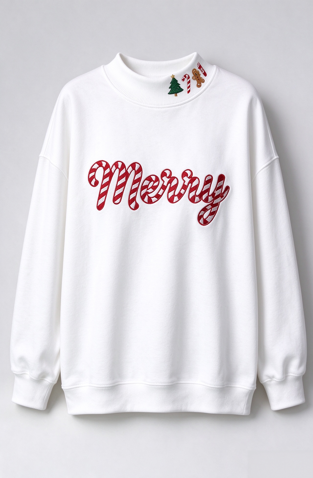 Merry Christmas Candy Cane Embroidered Mock Neck Sweatshirt 🎄🍬