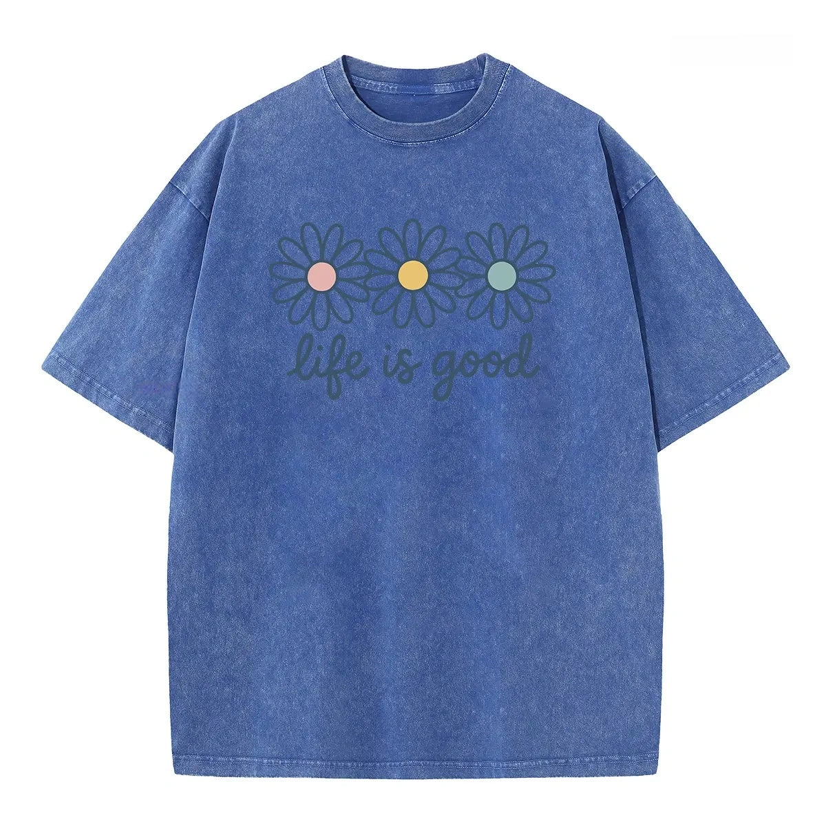 TOOAI Life is Good Washed Black T-Shirt | Retro Daisy Graphic Oversized Tee